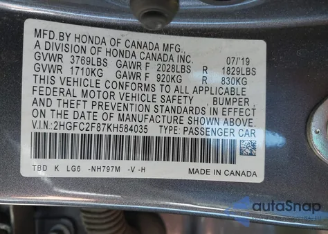 2019 Honda Civic Sport from USA, damaged, VIN 2HGFC2F87KH584035